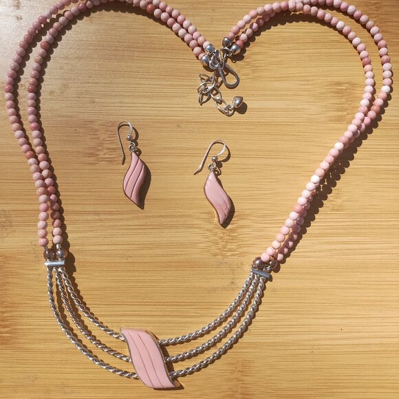 Jay King DTR mine finds carved Wave Pink Opal Necklace Earrings set 925 rare - Picture 3 of 11